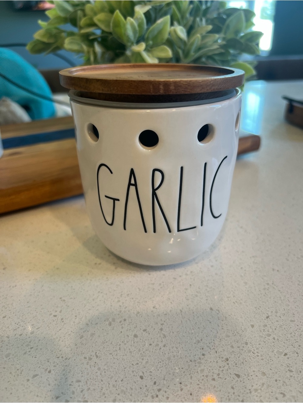 Rae Dunn Garlic Ceramic Storage Jar with Wooden Lid